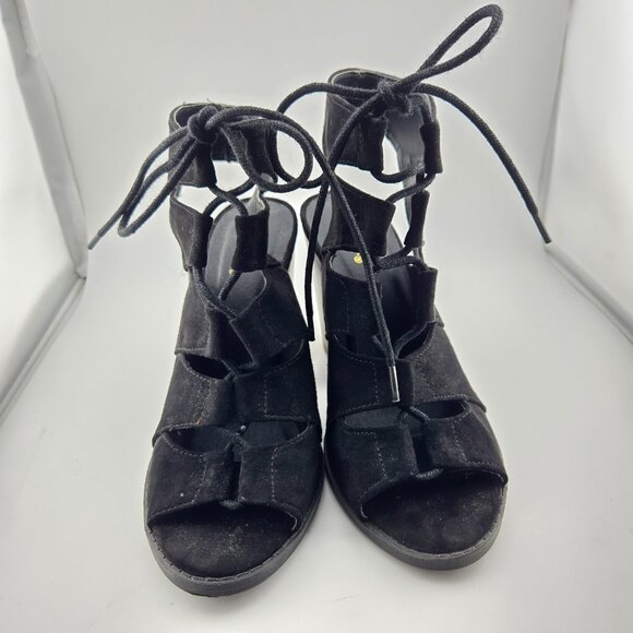 Qupid DC92 Black Suede Gladiator Heels | Women’s Size 6.5 Peep Toe Bootie Sandal - Picture 2 of 10